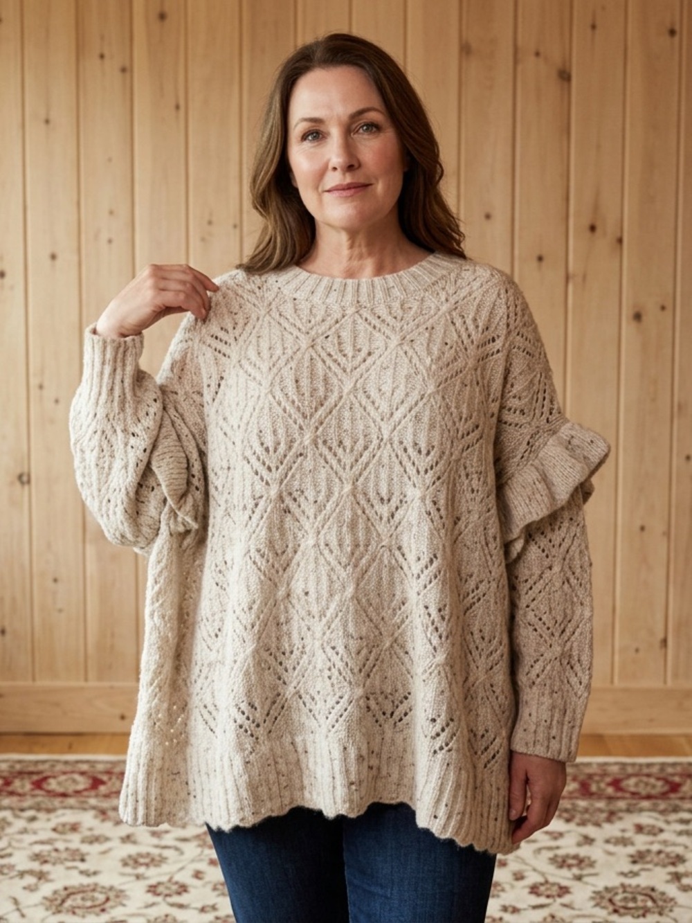 Old Navy BNWT Beige Charm Filled Openwork Cable Crewneck Sweater Ruffle Sleeves